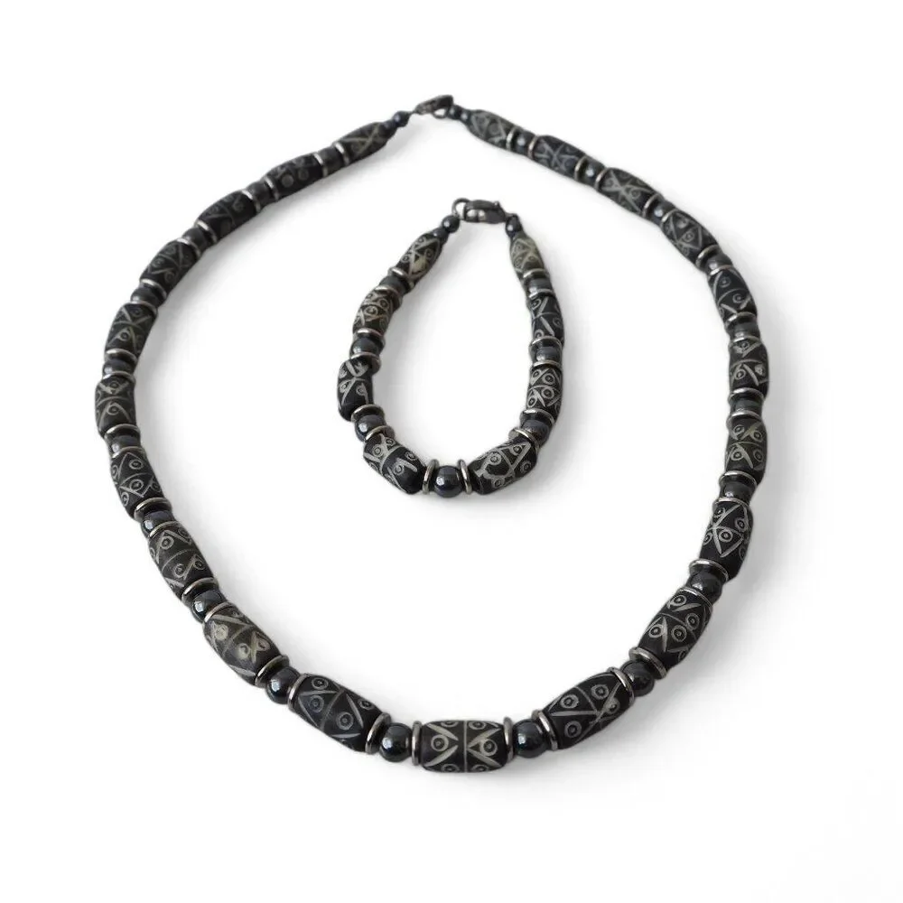 Intercrafts Peru Clay Beaded Necklace and Bracelet‎ Set Black / Grey NEW